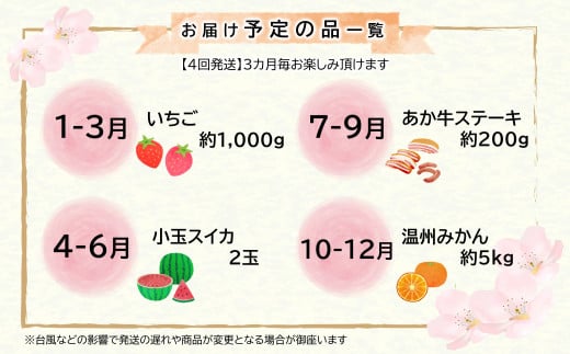 【定期便４回】支援企画！くまもと生産農家応援定期便！　コロナ影響・災害被害　なごみ町 | 熊本県 熊本 くまもと 和水町 なごみ いちご スイカ 小玉 牛肉 あか牛 赤牛 肥後 ステーキ みかん ミカン 蜜柑 定期便 4回 3か月毎