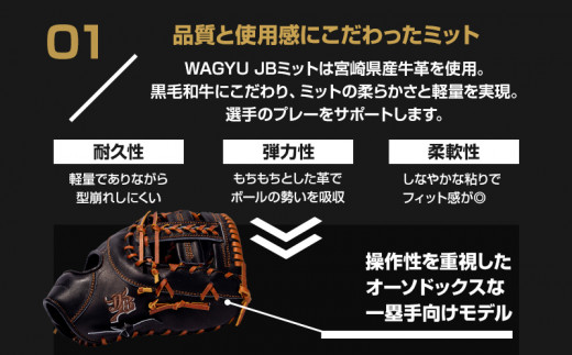 宮崎県産牛革使用 WAGYU JB 硬式用 ミット 一塁手用 JB-003E(ブラック/右投げ用)_M147-055