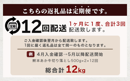 【定期便12回】熊本あか牛 切り落とし 計12Kg (500g×2)×12回 