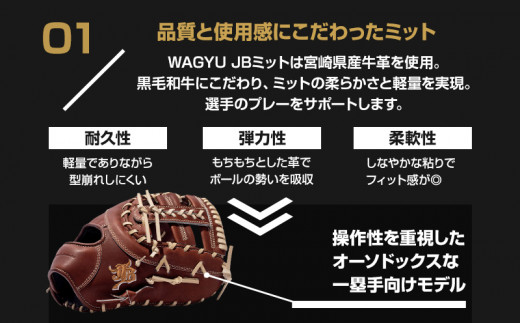 宮崎県産牛革使用 WAGYU JB 硬式用 ミット 一塁手用 JB-003E(ブラウン/右投げ用)_M147-056