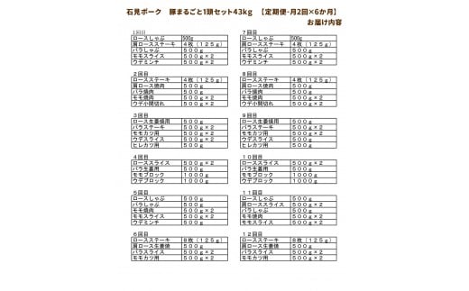 【定期便】豚肉 石見ポーク　豚まるごと1頭セット43kg【月2回×6か月】