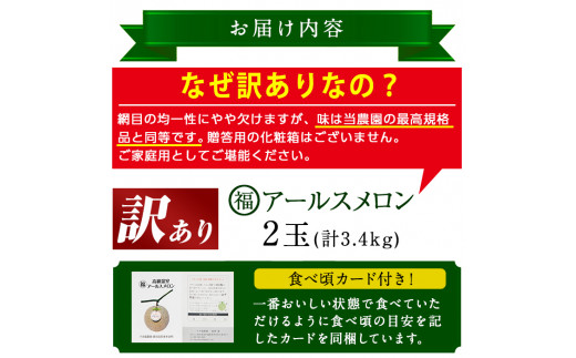 【0201102a】＜訳あり＞マル福の高級アールスメロン(2玉・計3.4kg)メロン フルーツ 果物 果実 3キロ 数量限定 期間限定【マル福園芸組合】