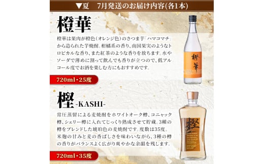 ＜定期便・全4回(4月・7月・10月・1月)＞鹿児島本格芋焼酎や麦焼酎(合計8本・各2本×4回)黄麹鶴見 緋扇 橙華 樫 白濁鶴見 かぶと莫祢氏 かぶと鶴見 鶴見 酒 お酒 アルコール 水割り ソーダ割 ロック【大石酒造】a-72-2-z