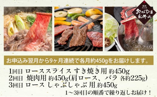 定期便 9ヶ月 おかやま 和牛肉 A4等級以上 食べ比べ 毎月 約450g×9回 岡山県産 牛 赤身 肉 牛肉 冷凍