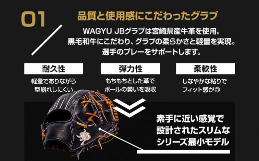 宮崎県産牛革使用 WAGYU JB 硬式用 グラブ 内野手用 JB-004S(ブラック/右投げ用)_M147-019_01