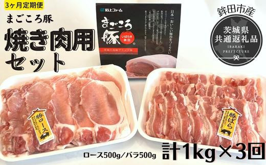 3ヶ月定期便 まごころ豚 焼き肉セット 1kg ロース&バラ ×3回 茨城県共通返礼品 鉾田市産