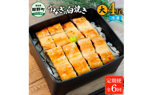 田野町産うなぎの白焼き(大) 4尾×6回 定期便 6ヶ月 定期コース 1尾あたり120～150g タレ付き 山椒付き うなぎ 鰻 ウナギ 白焼 無頭 おいしい 国産 個包装 お取り寄せ 冷凍 配送