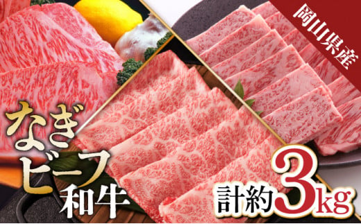 【岡山県産なぎビーフ和牛】 肩ロース すき焼き用約1kg 焼肉用約1kg サーロインステーキ約250g×4 合計3kg