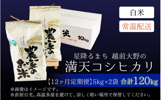 【令和6年産 新米】【12ヶ月定期便】星降るまち 越前大野の「満天コシヒカリ」白米 10kg (5kg×2袋) ×12回 計 120kg 小分け 農薬・化学肥料50%以上カットの特別栽培米 農家直送 単一原料米 大野市