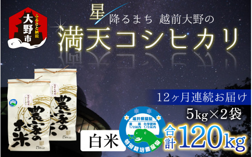 【令和6年産 新米】【12ヶ月定期便】星降るまち 越前大野の「満天コシヒカリ」白米 10kg (5kg×2袋) ×12回 計 120kg 小分け 農薬・化学肥料50%以上カットの特別栽培米 農家直送 単一原料米 大野市