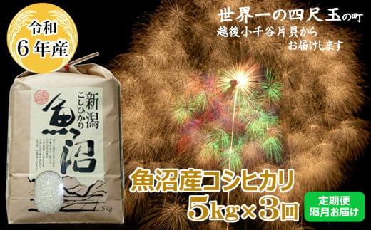 K38P306 ＜令和6年産＞魚沼産コシヒカリ定期便 5kg×3回（隔月お届け）【(有)米萬商店】世界一の四尺玉の町片貝町 白米 魚沼 米 定期便