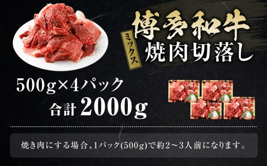 博多和牛焼肉切落しミックス 2kg（500g×4パック）（モモ、ウデ、バラ）