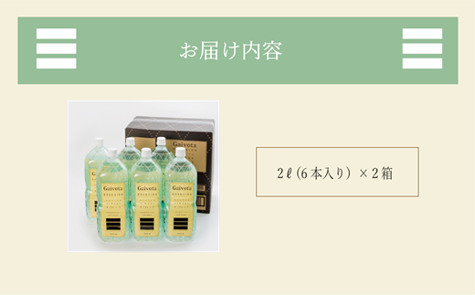 ＜Gaivota　2箱（2L×6本/箱）＞北のハイグレード食品 天然シリカ水  ミネラルウォーター  軟水 北海道産 北海道 乙部町 天然水 美容 ケイ素 無添加 シリカ ガイヴォータ 美肌 ミネラル 口当たり まろやか 備蓄 災害用 非常用