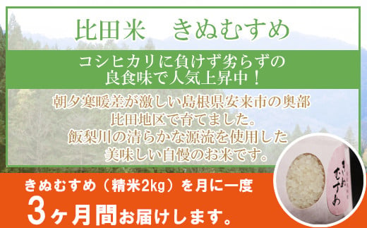 比田米 きぬむすめ 2kg×3ヶ月 定期便（毎月）令和6年産【新米 米 精米 定期便 毎月】