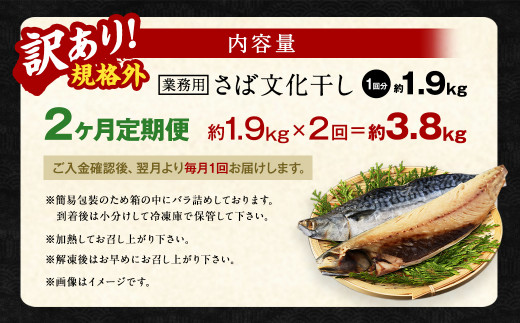 【2ヶ月定期便】【訳あり規格外】 業務用 無添加さば 文化干し 1.9kg