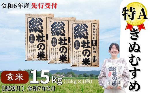 【令和6年産米】特Aきぬむすめ【玄米】15kg 岡山県総社市産〔令和7年2月配送〕24-015-018