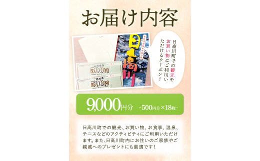 日高川町内の観光施設で利用できる「利用券」9,000円(500円券×18枚)　株式会社フラット・フィールド・オペレーションズ 日高川町事業所 (きのくに中津荘)《30日以内に出荷予定(土日祝除く)》 和歌山県 日高川町 観光施設 利用券