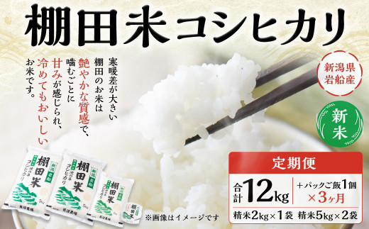 【新米受付・令和6年産米】【定期便：3ヶ月連続でお届け】新潟県岩船産 棚田米コシヒカリ 12kg+パックごはん(150ｇ×1個)×3ヶ月 1067014N 毎月 新米予約 お米 白米 こしひかり 精米 村上市