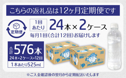 【12ヶ月定期便】阿蘇くじゅうの天然水 525mlPET 48本(24本×2ケース)×12ヶ月 シリカ水