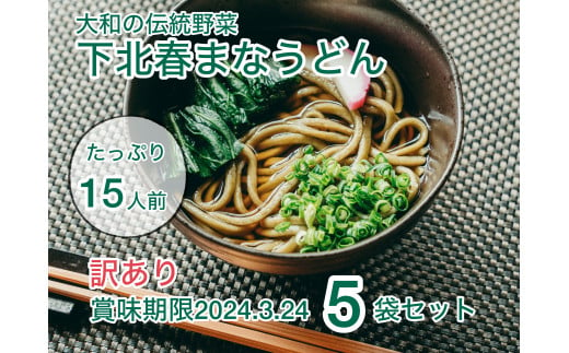 訳あり 【大和の伝統野菜】下北春まなうどん [3人前×各5袋(1袋あたり麺290g つゆ17ml×3袋)] うどん 麺 麺類　賞味期限間近