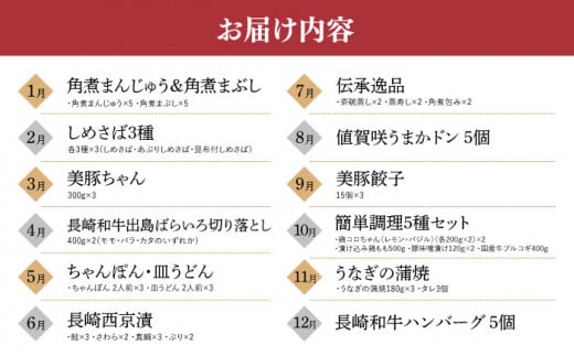 【全12回定期便】晩ごはんを彩る！長崎名物おかず定期便A 長崎県 [42ZZZZ008] 角煮 茶碗蒸し イサキ ハンバーグ 魚 海鮮 しめさば 西京漬け うなぎ ちゃんぽん 皿うどん あとから 届く 小分け