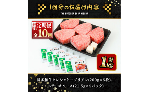 ＜定期便・全10回(連続)＞博多和牛ヒレシャトーブリアン(総量50枚・10kg・約200g×5枚 ×10回)ステーキ 牛肉 黒毛和牛 国産＜離島配送不可＞【ksg0682】【久田精肉店】