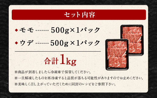 くまもと 黒毛和牛 焼肉用 モモ ウデ 各500 計1㎏ 国産 赤身