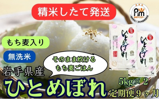 ★精米したてが1番！★令和5年産 盛岡市産 ひとめぼれ【無洗米・もち麦入り】5kg×2 『定期便9ヶ月』 ◆1等米のみを使用したお米マイスター監修の米◆