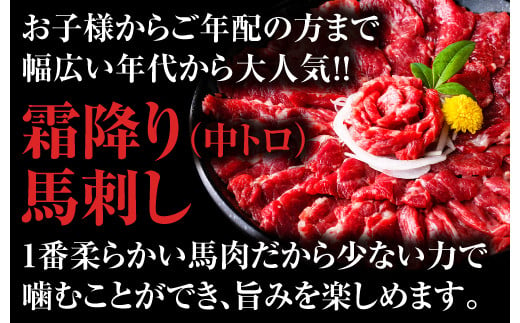 【馬刺し】 熊本 馬刺し の 真骨頂 「 霜降り 」を 楽しむ セット 計500g ＜ 中トロ 50g×10P＞ 専用醤油付き 小分け 冷凍 パック 馬肉 赤身 馬さし バサシ 馬刺 馬刺し 低カロリー 霜降り 国産 058-0269