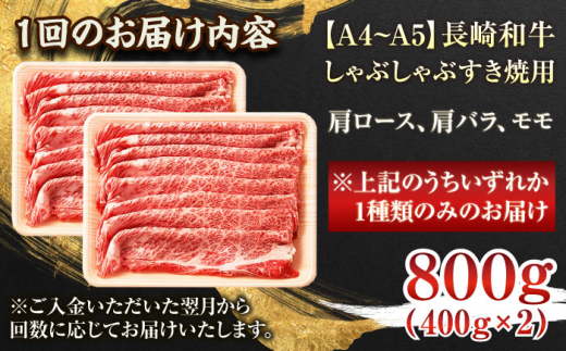 【全12回定期便】【A4～A5】長崎和牛しゃぶしゃぶすき焼き用（肩ロース肉・肩バラ・モモ肉）800g（400g×2p）【株式会社 MEAT PLUS】 [QBS062]