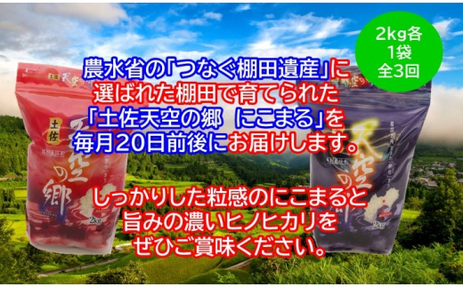 農林水産省の「つなぐ棚田遺産」に選ばれた棚田で育てられた 棚田米土佐天空の郷　2kg食べくらべセット定期便  毎月お届け 全3回