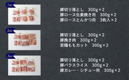 【4月発送】6回 定期便 豚 鶏肉 小分け お料理 セット 計10.8kg [甲斐精肉店 宮崎県 美郷町 31as0066-4gatsu] 肉 毎月 お届け 冷凍 宮崎県産 国産 若鶏 鳥 切落し ロース 生姜焼き とんかつ ひき肉 ミンチ もも カット バラ スライス 薄切り カレー