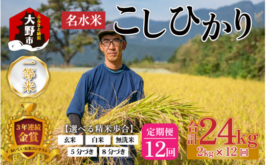 【12ヵ月定期便】【令和5年産】越前大野産 一等米 帰山農園の棚田育ちコシヒカリ 2kg 合計24kg【白米】