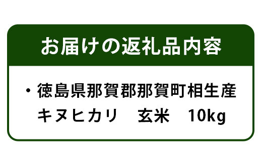 那賀町相生産 キヌヒカリ玄米10kg［徳島 那賀 国産 徳島県産 こめ おこめ 米 お米 ごはん ご飯 げんまい 玄米 キヌヒカリ 10kg 和食 おにぎり お弁当 食べて応援 ギフト プレゼント 母の日 父の日］【YS-5-4】