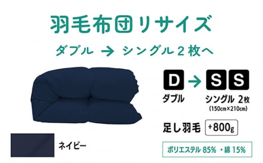 【ネイビー】ダブル1枚→シングル2枚リサイズ|ポリエステル混綿 | 寝具 布団 ふんわり ふっくら 個別管理 東京都