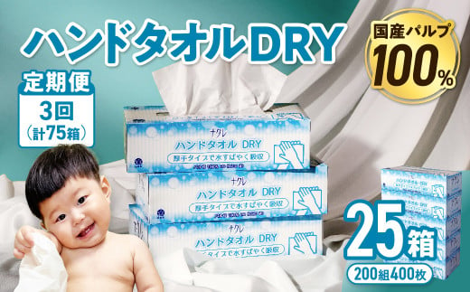 【3回配送/毎月届く定期便】ナクレ ハンドタオルDRY 25個 ペーパー タオル 紙  厚手 ティッシュ キッチン 日用品 消耗品 防災 収納 備蓄 金ケ崎 金ヶ崎