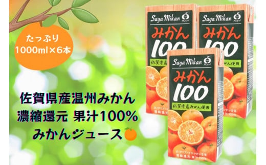 BJ014　【みかん100　6本】佐賀県産温州みかん みかんジュース 濃縮還元 国産 果汁100％ 1000ml 1L キャップ付き