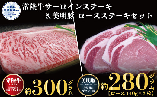 ステーキセット 常陸牛300g・美明豚280g 銘柄牛 きめ細い 柔らかい 豊かな風味 黒毛和牛 A4ランク A5ランク ブランド牛 茨城 国産 黒毛和牛 霜降り 牛肉 冷凍 ギフト 内祝い 誕生日 お中元 贈り物 お祝い 焼肉 茨城県共通返礼品