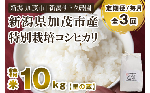 【令和6年産新米先行予約】【定期便3ヶ月毎月お届け】化学肥料未使用の従来コシヒカリ【里の蔵10kg】特別栽培 有機肥料で育った厳選米 加茂市 新潟サトウ農園