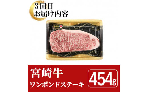 ＜全3回・定期便＞宮崎牛定期便(ロースステーキ・600g、肩焼肉・400g、ワンポンドステーキ・454g)A4 A5 国産 牛肉 精肉 宮崎県産 お肉 黒毛和牛 お取り寄せ 焼き肉 ステーキ【SJ010】【日本ハムマーケティング株式会社】