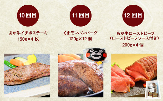 【定期便12回】あか牛 づくし 厳選 食べ比べ (ステーキ 焼肉 しゃぶしゃぶ用 ハンバーグ ローストビーフ もつ鍋セット)