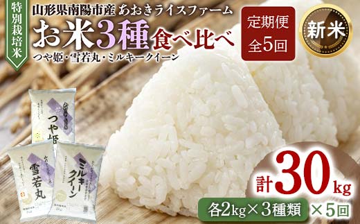 【令和6年産 新米 先行予約】 《定期便5回》 金賞受賞農家のお米(特別栽培米) 3種食べ比べセット定期便 「ミルキークイーン･つや姫･雪若丸」 各2kg(計6kg)×5か月 《令和6年10月上旬～発送》 『あおきライスファーム』 山形南陽産 米 白米 精米 ご飯 農家直送 3種 食べ比べ 山形県 南陽市 [1054-RR6]