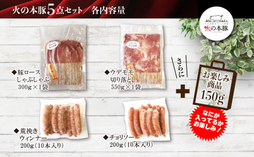 【定期6回発送】火の本豚 詰め合わせセット 切り落とし550g しゃぶしゃぶ用ロース300g あらびきウインナー10本入 チョリソーウィンナー10本