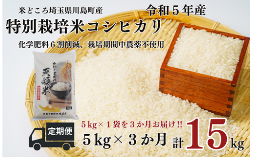 定期便 3か月連続お届け 特別栽培米 コシヒカリ 白米 5kg （5kg×1袋）×3回  計15kg 食味値80以上 栽培期間中農薬不使用 有機肥料 かわじま町の天領米 令和5年産 2023年産 小分け 米 コメ 安心 安全  減農薬 埼玉県認証 埼玉県 川島町