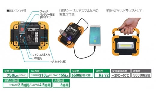 充電式LED フラットスタンドライト 10W (マグネット付)｜充電式 LED照明 マグネット型 スマホ充電 防災対策 災害 停電 薄型 軽量 コンパクト 車内作業 作業灯 屋外 ポータブル 持ち運び コードレス [0815]