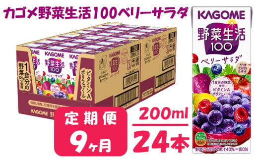 【 定期便 9ヶ月 】 カゴメ 野菜生活100 ベリーサラダ 200ml×24本 ジュース 野菜 果実ミックスジュース 果汁飲料 紙パック 砂糖不使用 8食分の野菜 鉄分 ポリフェノール ビタミンA 飲料類 ドリンク 野菜ドリンク 備蓄 長期保存 防災 飲みもの