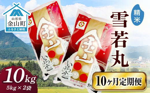 令和6年産 金山産米「雪若丸【精米】」（5kg×2袋）×10ヶ月・定期便 計100kg 定期便 10ヶ月 米 お米 白米 ご飯 精米 ブランド米 雪若丸 送料無料 東北 山形 金山町 F4B-0557