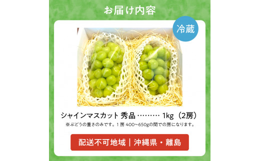 先行受付【2024年9月下旬から順次発送】【こだわり栽培：糖度18以上】シャインマスカット 秀品 1kg 安芸農園