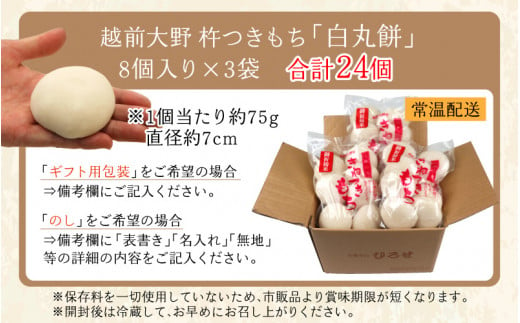 越前大野 杵つきもち「白丸餅」計24個～大野のお米と名水でつきあげた手造りのお餅～ 【※12月15日までの入金確認分は年内配送】保存料 香料 不使用