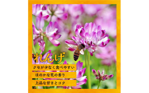 【れんげ】上品なコクとまろやかな口当たりが特徴となっており、クセが少なくとても食べやすいはちみつです。